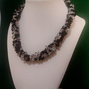 Vintage Black & Clear Gemstone Beaded Twist Necklace With Brass Accents - 17 Inc